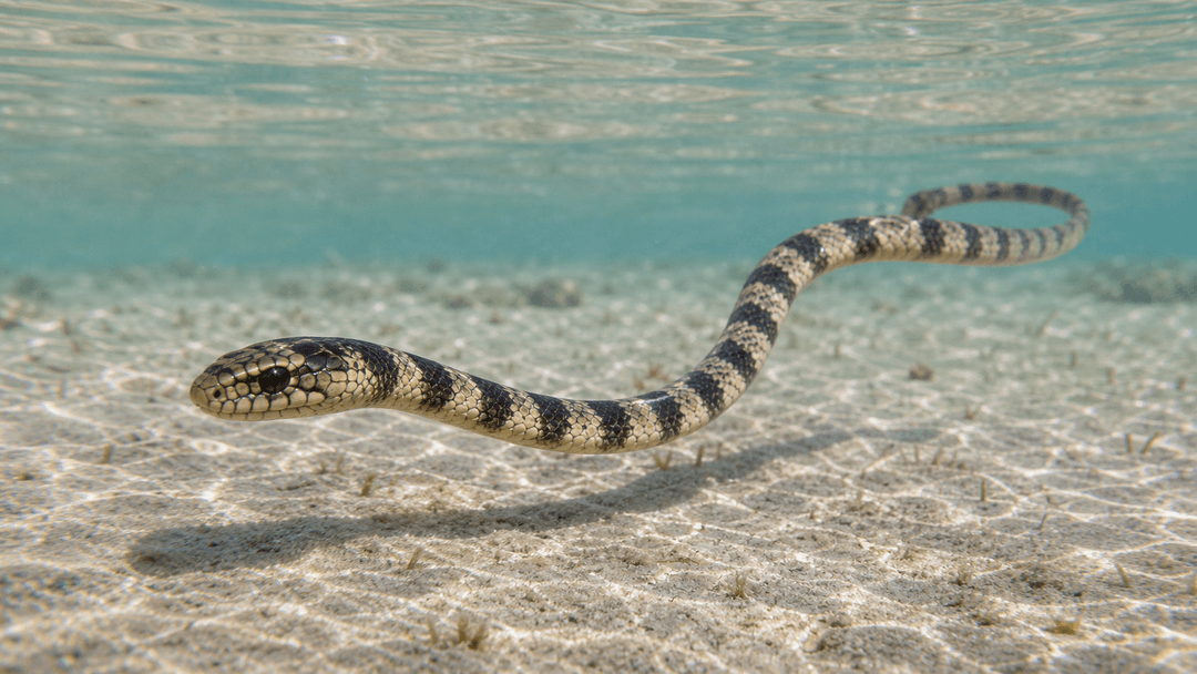 Beaked sea snake swimming over a shallow coastal seafloor