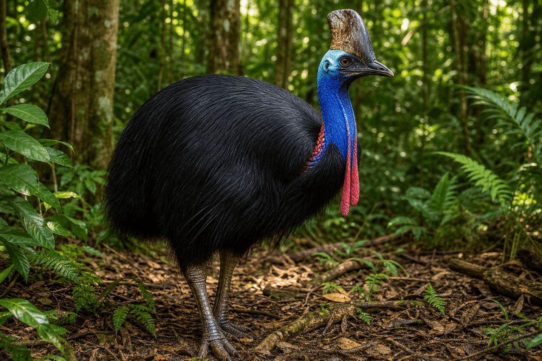 Cassowary standing on a tropical rainforest floor