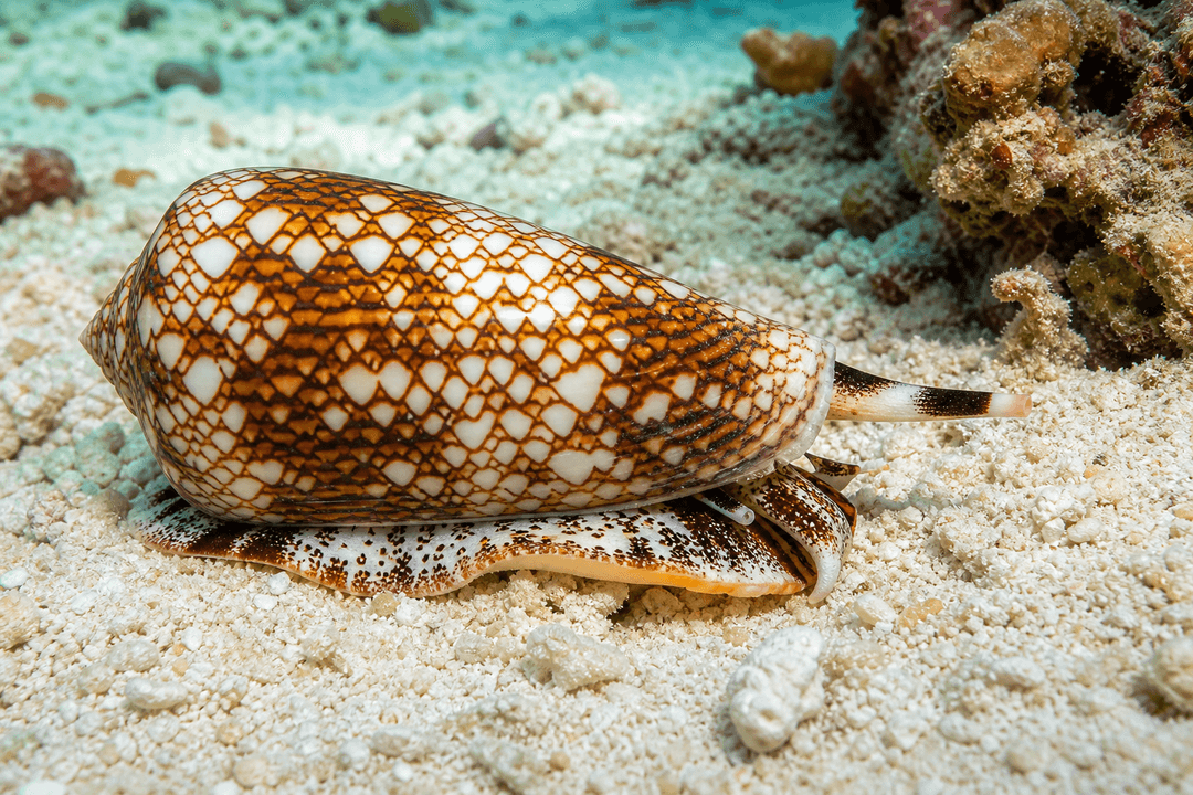 Geography cone snail moving across a tropical reef bottom