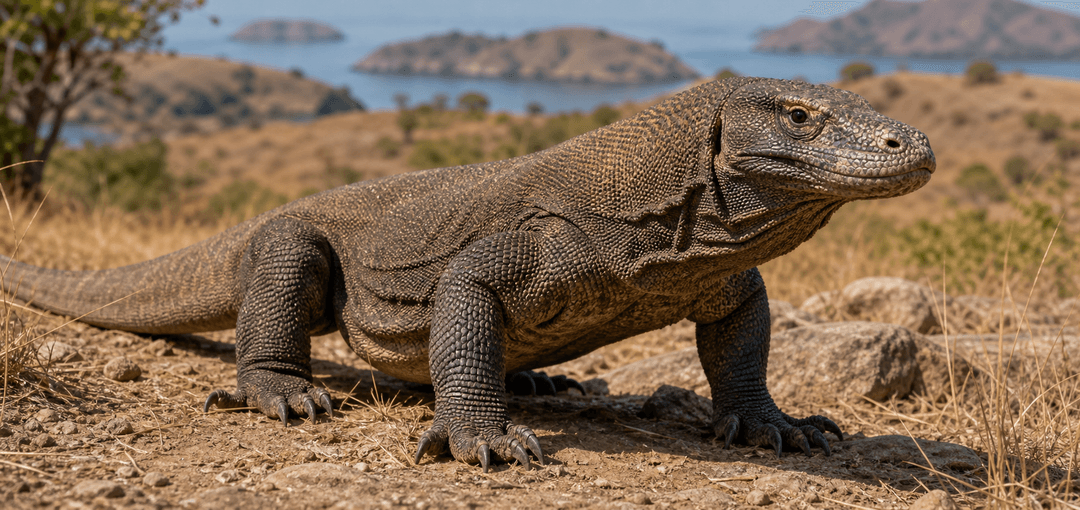 Komodo dragon in dry island savanna near the coast