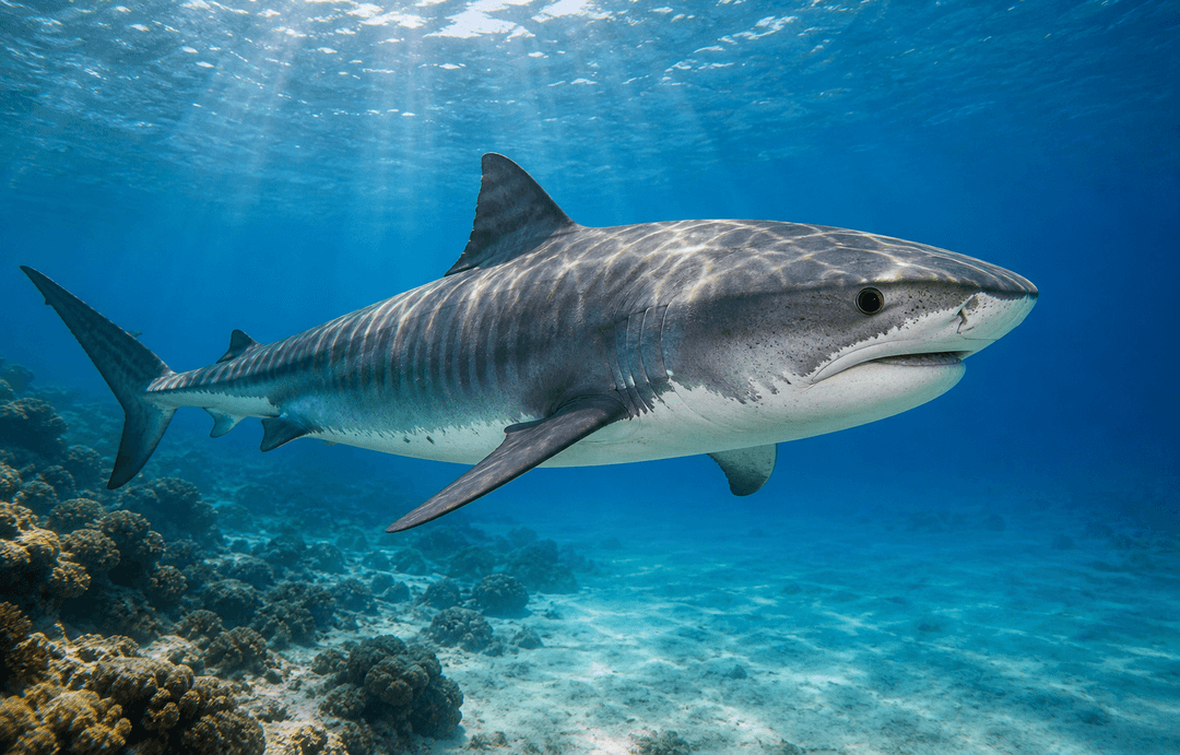 Tiger shark swimming above a tropical reef and sandy seafloor